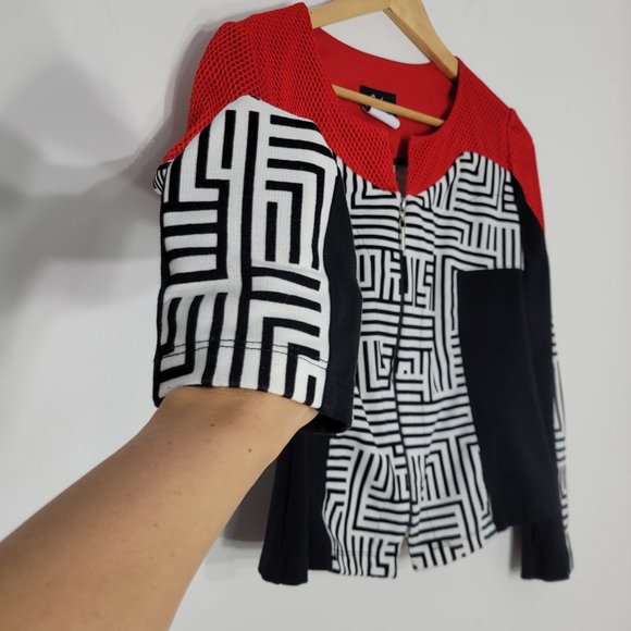 ARTEX Fashions Women's Red Black  White Geometric Long Sleeve Blazer Zip-Up Sz S - Picture 2 of 11